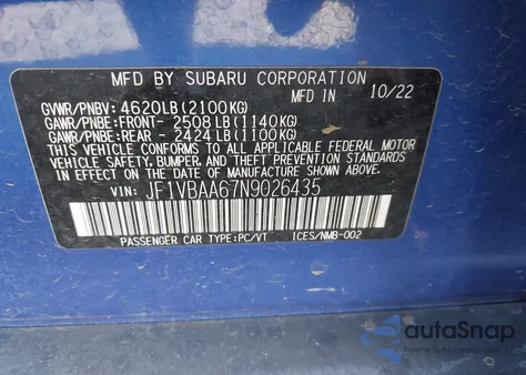 2022 Subaru Wrx из США, поврежденный, VIN JF1VBAA67N9026435